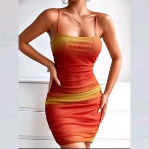 Ombre Ruched Crisscross Cut Out Cami Mesh Bodycon Dress
